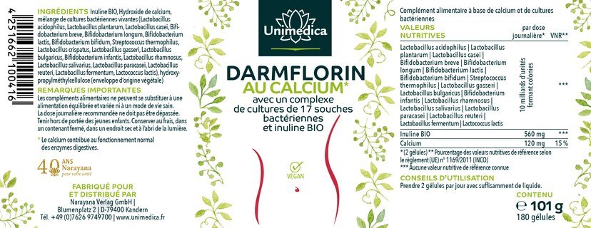 Darmflorin avec calcium - avec complexe de cultures de 17 souches bactériennes et inuline BIO - 180 gélules - par Unimedica