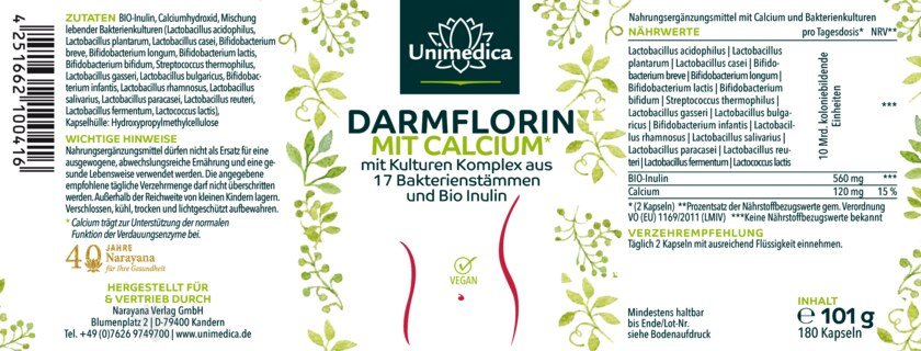 Darmflorin (intestinal flora) with Calcium  with cultured complex from 17 bacteria strains and organic inulin - 180 capsules - from Unimedica