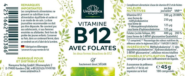 Vitamine B12 avec folate - 180 comprimés - par Unimedica