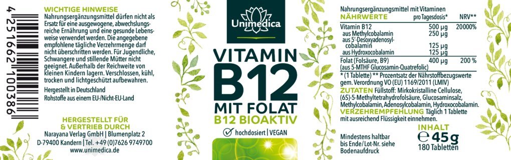 Vitamin B12 mit Folat - 180 Tabletten - von Unimedica