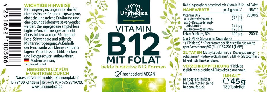 Vitamin B12 with folate - 180 tablets - from Unimedica
