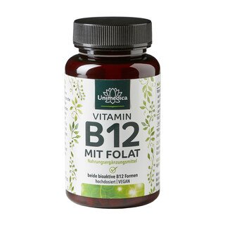 Vitamin B12 mit Folat - 500 µg B12 und 400 µg Folat pro Tagesdosis (1 Tablette) - 180 Tabletten - von Unimedica/