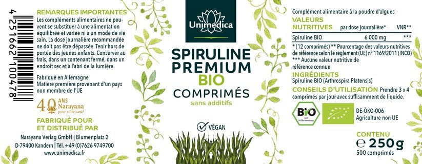 Spiruline BIO - 6000 mg par dose quotidienne ( 3 x 4 comprimés) - 500 comprimés - par Unimedica