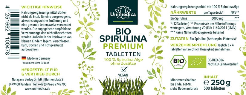 Bio Spirulina Premium - 6000 mg pro Tagesdosis -  hochdosiert - 500 Tabletten - von Unimedica