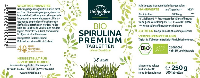 Premium Organic Spirulina - 6000 mg per daily intake (3 x 4 tablets) - high-dose - 500 tablets - from Unimedica