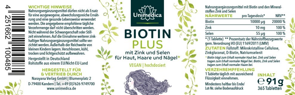 Biotin Plus mit Selen und Zink* - für Haut, Haare und Nägel - ultra hochdosiert - 365 Tabletten - von Unimedica