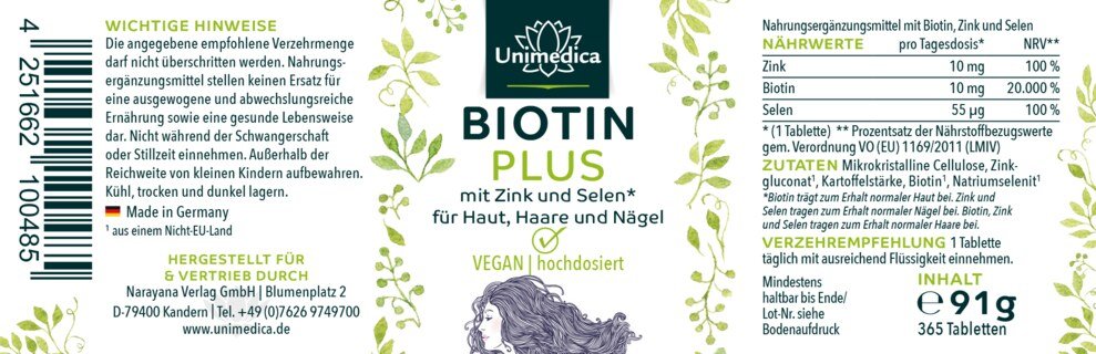 Biotin Plus mit Selen und Zink - hochdosiert - 365 Tabletten - von Unimedica