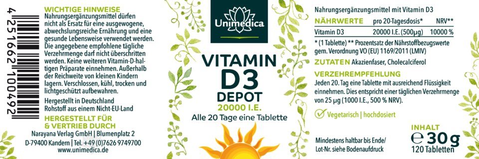 Vitamin D3 Depot 20.000 I.E. - 120 Tabletten - von Unimedica