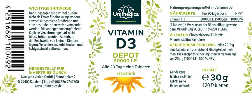 Vitamin D3 Depot 20.000 I.E. (Jeden 20.Tag 1 Tablette) - 120 Tabletten - von Unimedica