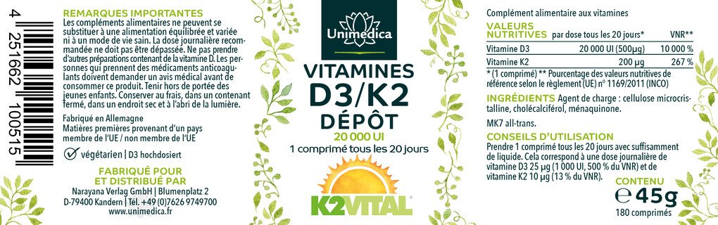 Vitamin D3 / K2 Depot  180 comprimés  d'Unimedica