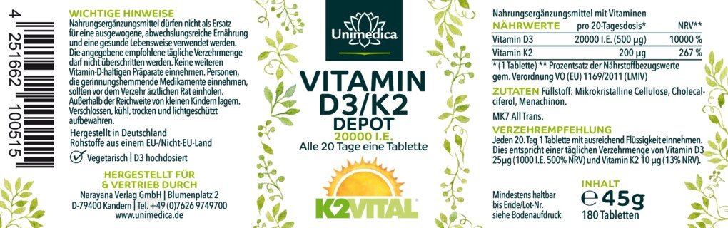 Vitamin D3 / K2 MK7 All-trans Depot - D3 20.000 I.E. 500µg / K2 200 µg - 180 Tabletten - von Unimedica