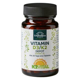 : Vitamin D3 / K2 MK7 All-trans Depot - D3 20.000 I.E. 500µg / K2 200 µg (1 Tablette) - 180 Tabletten - von Unimedica