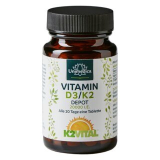 Vitamin D3 / K2 MK7 All-trans Depot - D3 20.000 I.E. 500µg / K2 200 µg (1 Tablette) - 180 Tabletten - von Unimedica/