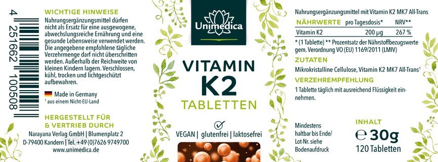 Vitamin K2 - 200 µg - MK7-All-trans - 120 Tabletten - von Unimedica