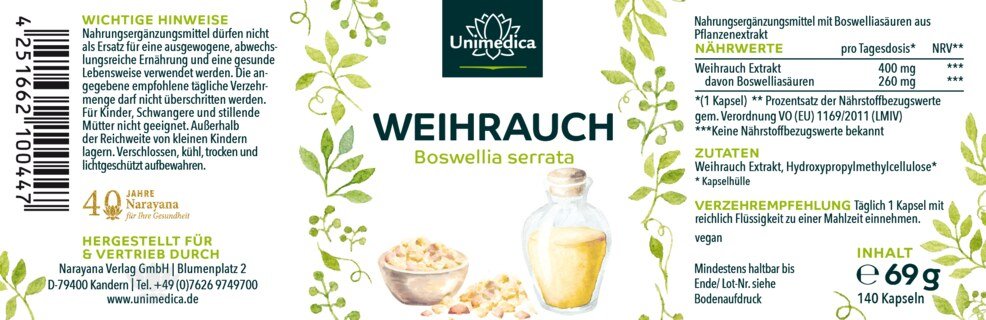 Weihrauch - Boswellia serrata - 400 mg pro Tagesdosis (1 Kapsel) - 140 Kapseln - von Unimedica