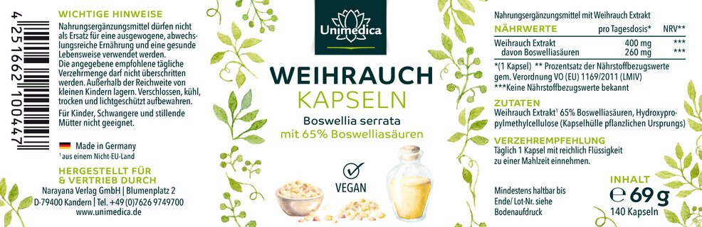 Weihrauch - Boswellia serrata - 400 mg pro Tagesdosis - 140 Kapseln - von Unimedica