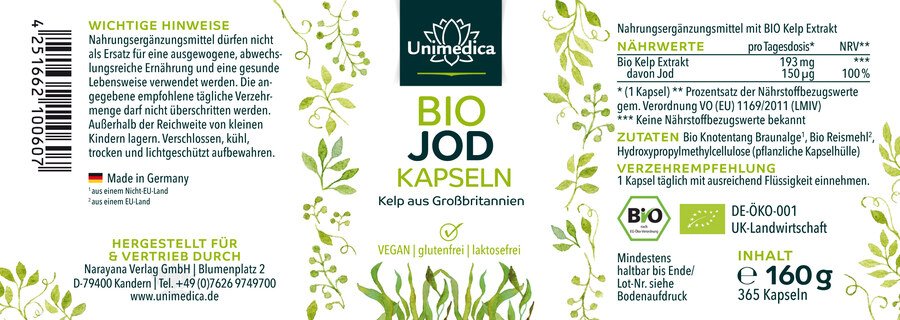 Bio Jod Kapseln - 150 µg natürliches Jod aus Kelp Braunalgen - 365 Kapseln - von Unimedica