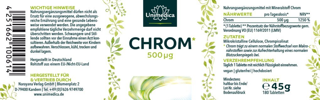 Chrom - 500 µg pro Tagesdosis (1 Tablette) - hochdosiert - 180 Tabletten - von Unimedica