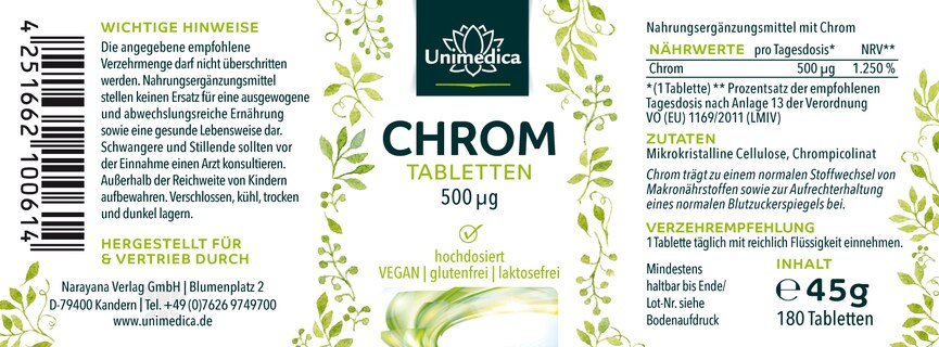 Chrom - 500 µg hochdosiert - 180 Tabletten - von Unimedica