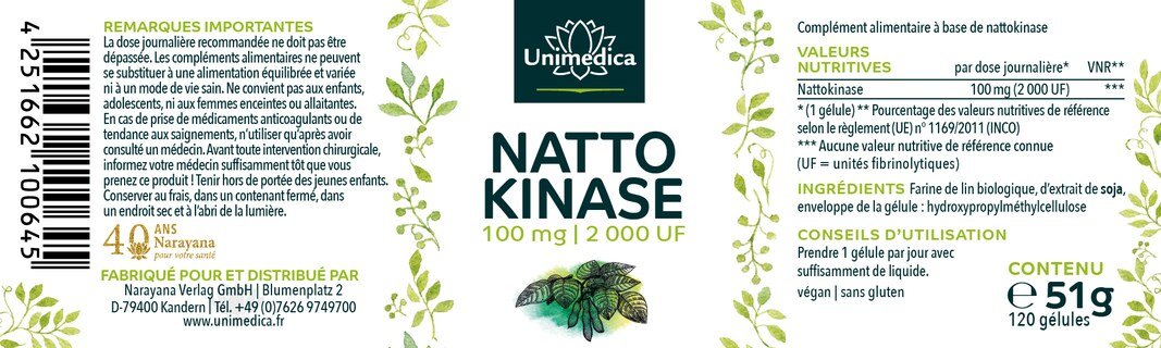 Nattokinase - 100 mg / 2 000 FU hautement dosée - 120 gélules - par Unimedica