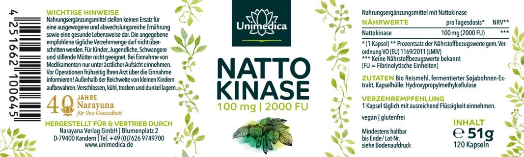 Nattokinase - 100 mg / 2000 FU pro Tagesdosis (1 Kapsel) - 120 Kapseln - von Unimedica