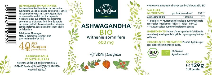 Ashwagandha BIO  1 800 mg par dose journalière (3 gélules)  hautement dosé - 180 gélules - par Unimedica