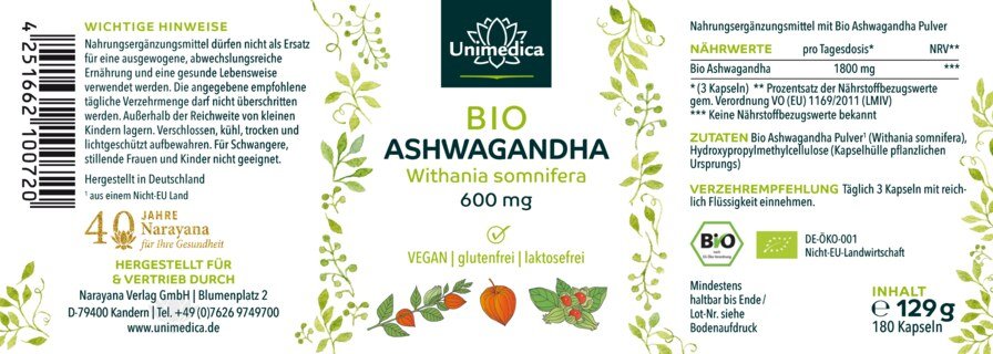 Ashwagandha BIO - 180 gélules - 1800 mg par dose journalière - hautement dosé - par Unimedica