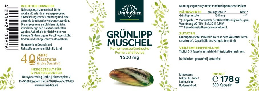Grünlippmuschel - 1500 mg pro Tagesdosis - 300 Kapseln - von Unimedica