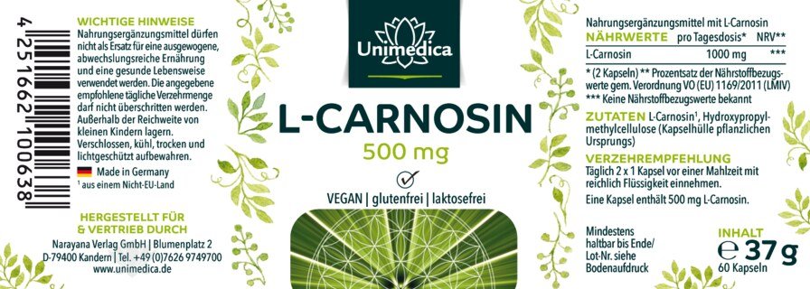 Carnosin - 1000 mg pro Tagesdosis (2 Kapseln) - hochdosiert - 60 Kapseln - von Unimedica