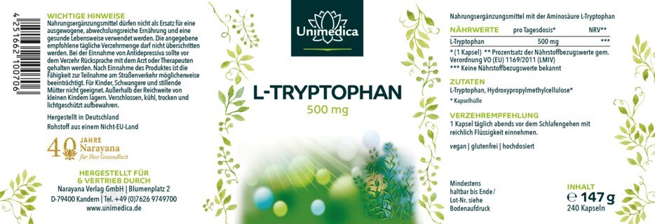 L-Tryptophan - 500 mg pro Tagesdosis (1 Kapsel) - hochdosiert - 240 Kapseln - von Unimedica