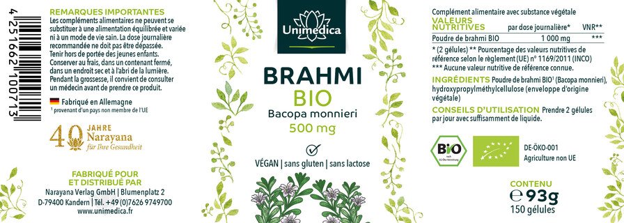 Brahmi bio - 500 mg - 150 gélules - par Unimedica