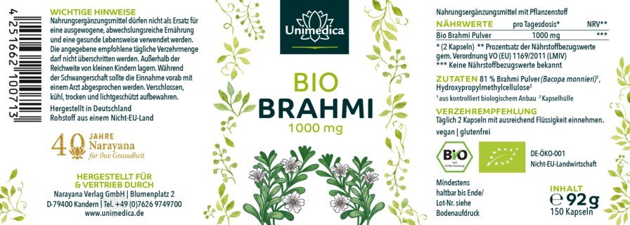 Bio Brahmi - 1.000 mg pro Tagesdosis (2 Kapseln) - 150 Kapseln - von Unimedica