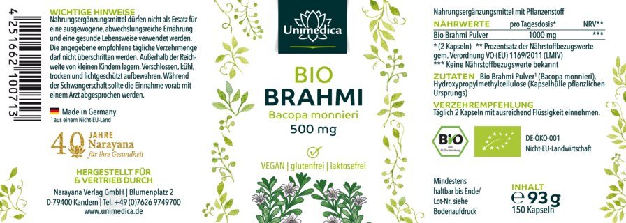 Bio Brahmi - 1.000 mg pro Tagesdosis (2 Kapseln) - 150 Kapseln - von Unimedica