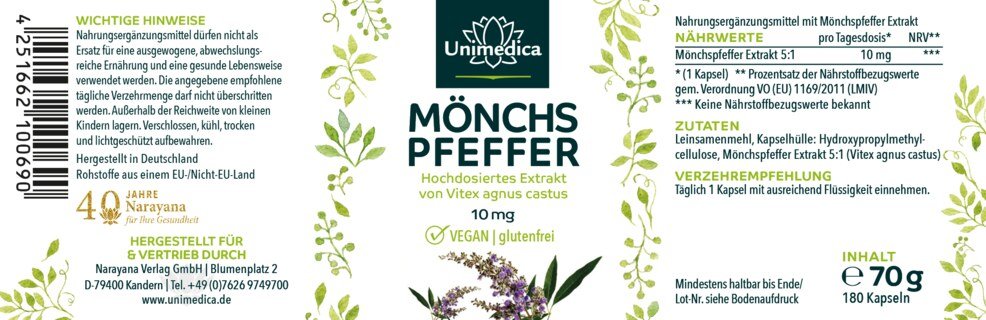 Mönchspfeffer Extrakt - 10 mg pro Tagesdosis (1 Kapsel) - hochdosiert - 180 Kapseln - von Unimedica