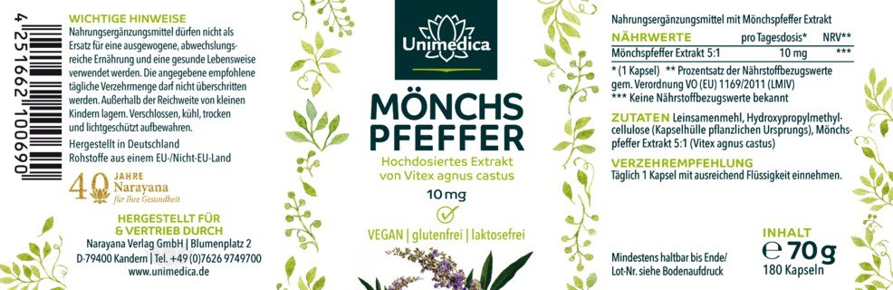 Extrait de poivre de moine dosage élevé - 10 mg par dose journalière - 180 gélules - par Unimedica