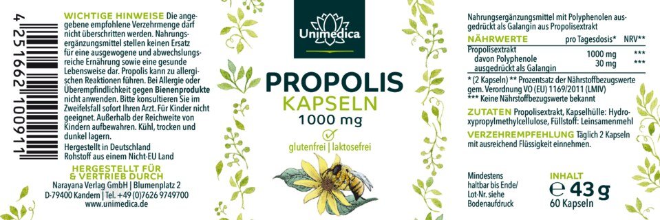 Propolis Kapseln - 250 mg pro Tagesdosis (1 Kapsel) - 60 Kapseln - von Unimedica
