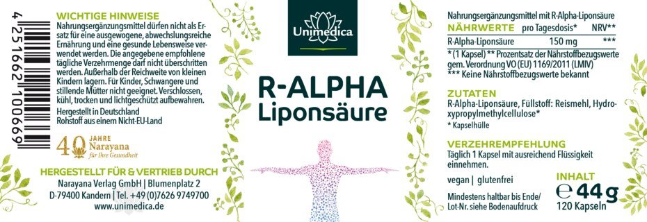 R-Alpha-Liponsäure - 150 mg pro Tagesdosis (1 Kapsel) - natürlich - vegan - 120 Kapseln - von Unimedica