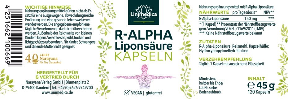 R-Alpha-Liponsäure - 150 mg - 120 Kapseln - von Unimedica