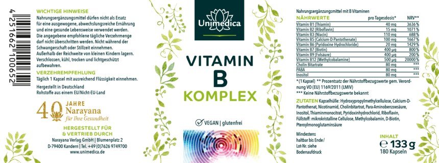 Vitamin B Komplex - hochdosiert - 180 Kapseln - mit Kofaktoren - von Unimedica