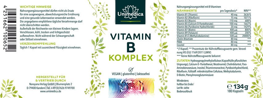 Vitamin B-Komplex - hochdosiert - 180 Kapseln - mit Kofaktoren - von Unimedica