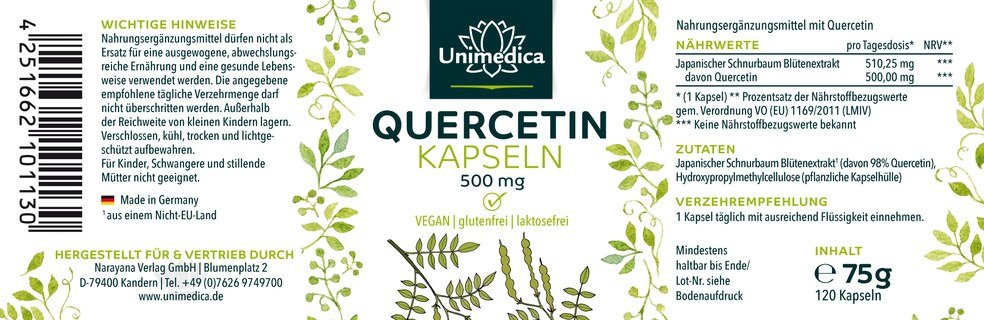 Quercetin - 500 mg pro Tagesdosis (1 Kapsel) - 120 Kapseln - von Unimedica