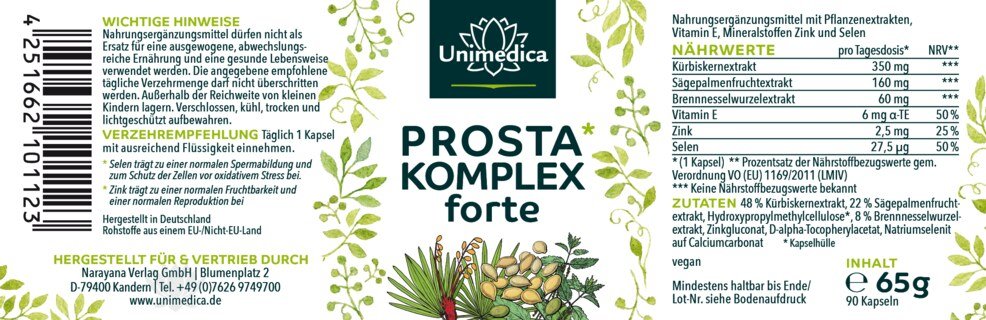 Prosta* Komplex forte - mit Kürbiskernextrakt, Sägepalmenextrakt und Brennnesselwurzel - 90 Kapseln - von Unimedica