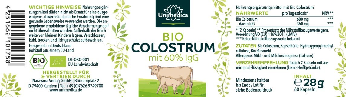 Bio Colostrum - 600 mg pro Tagesdosis (2 Kapseln) - mit 60 % IgG - 60 Kapseln - von Unimedica