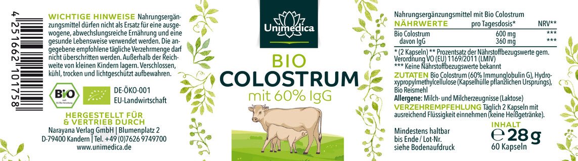 Colostrum BIO - 600 mg par dose journalière - avec 60 % d'IgG - 60 gélules - par Unimedica