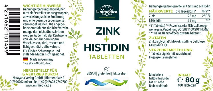 Zink+Histidin - 400 Tabletten je 25 mg pro Tagesdosis - von Unimedica
