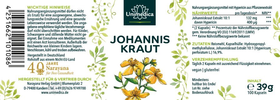 Johanniskraut Extrakt - 10 : 1 Konzentration - 132 mg pro Tagesdosis (2 Kapseln) - 100 Kapseln - von Unimedica