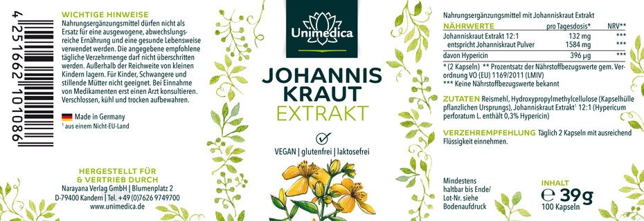 Johanniskraut Extrakt - 12 : 1 Konzentration - 132 mg pro Tagesdosis (2 Kapseln) - 100 Kapseln - von Unimedica