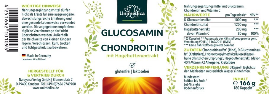 Glucosamin & Chondroitin mit 80 mg natürlichen Vitamin C pro Tagesdosis - 180 Kapseln - von Unimedica