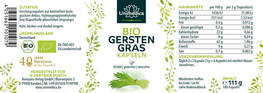 Bio Gerstengras - 3.000 mg pro Tagesdosis - 180 Kapseln - von Unimedica