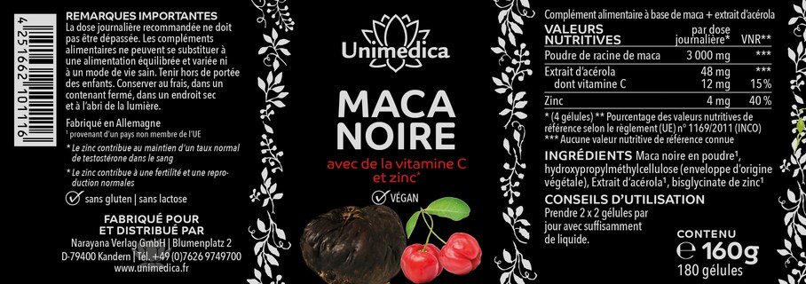 Maca noire avec de la vitamine C issue de l'acérola et zinc  3 000 mg par dose journalière (4 gélules) - 180 gélules - par Unimedica